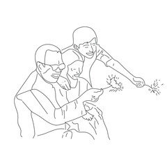 Happy Diwali with line drawing of family and Diya Vector, Happy Diwali Day  greeting card line art