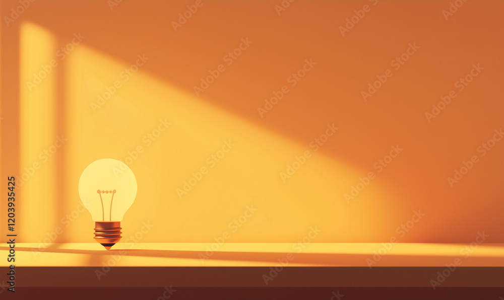 Poster a warm-lit light bulb casting a soft shadow on a minimalist shelf against a textured wall.