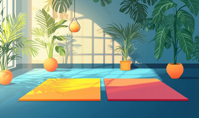 A serene indoor space with vibrant yoga mats, surrounded by lush plants and warm sunlight filtering through, creating a calming atmosphere.