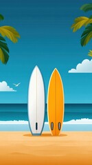Spring break by the beach, surfboards and sand, flat design illustration