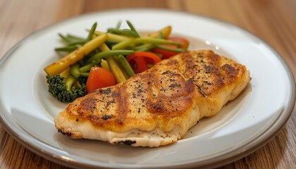 Grilled chicken breast with herbs served alongside fresh vegetables on a decorative plate. 