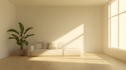 Clean and elegant room with neutral tones and natural light with copy space, 3d rendering