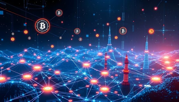 A digital ecosystem with decentralized nodes, digital coins, and various financial platforms interconnected in a futuristic digital landscape