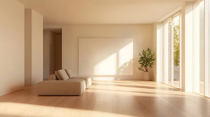 Spacious and bright room with warm natural lighting with copy space, 3d rendering