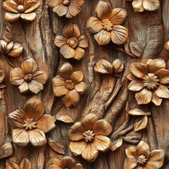 Flowers carved from raw wood with realistic bark textures in a seamless arrangement . Seamless abstract 3d pattern background