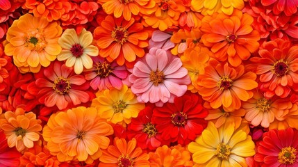 Mini orange zinnias seamless pattern, vibrant floral design, intricate details, perfect for textiles or wallpaper, cheerful and lively aesthetic