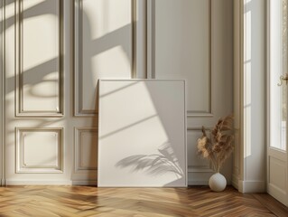 Sunlight casts shadows on a blank canvas and decorative elements in a stylish room with elegant wooden flooring and neutral-toned walls