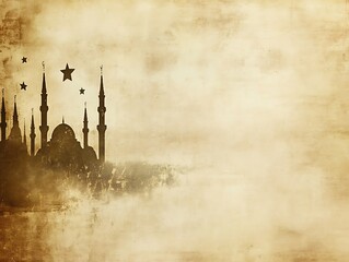 Mosque Silhouette with Stars on Antique Parchment Background
