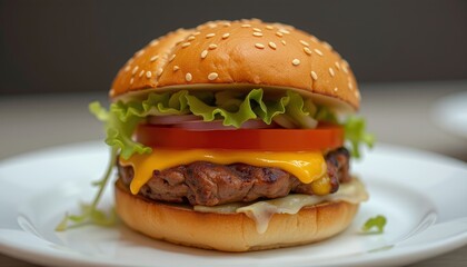 Classic cheeseburger with melted cheese, fresh lettuce, tomato, and pickles served on a sesame seed bun.