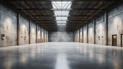 Fototapeta premium Vast Industrial Empty Warehouse Interior with Natural Light Streaming Through Skylights and Concrete Walls in a Wide Angle View