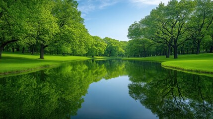 Tranquil Landscape of a Lush Green Park with Reflective Water, Trees, and Clear Blue Sky Displaying Natural Beauty of Outdoor Serenity in Early Spring