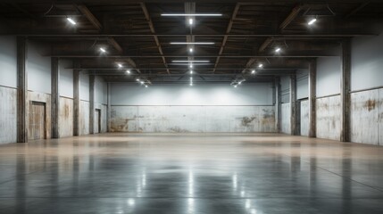 Naklejka premium Wide Angle View of an Empty Industrial Space with Concrete Floor and Exposed Structural Elements Illuminated by Bright Ceiling Lights