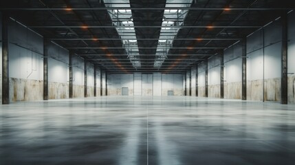 Wide Angle View of an Empty Industrial Warehouse with Concrete Floor and High Ceilings in a Spacious Environment