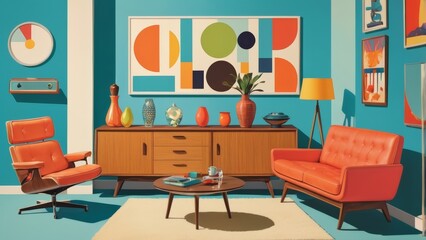 Retro 1960s interior design poster with iconic mid-century furniture and decor