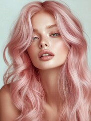 Naklejka premium Portrait of a young woman with flowing pink hair and soft makeup, captured in a light-filled studio setting emphasizing beauty and elegance
