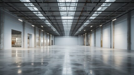 Expansive Empty Warehouse Interior with High Ceilings and Natural Light, Ideal for Storage, Manufacturing, or Creative Spaces
