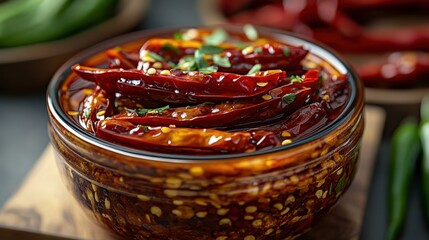 Spicy chili pepper oil sauce in a glass jar placed on a wooden board next to fresh green chilies and dried red peppers, showcasing vibrant colors and rich textures in a kitchen setting