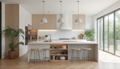 Modern Scandinavian kitchen interior with wooden accents, white cabinets, and green plants. Minimalistic and stylish space for cooking and gathering.