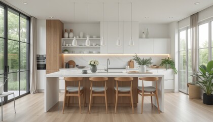 Modern Scandinavian kitchen interior with wooden accents, white cabinets, and green plants. Minimalistic and stylish space for cooking and gathering.