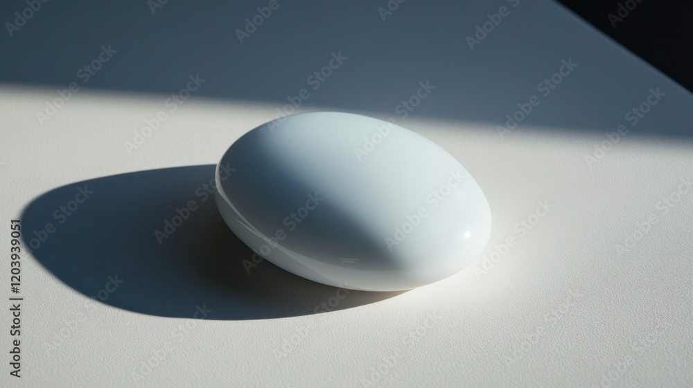 Poster smooth white object casting a soft shadow on a light surface, showcasing minimalist design