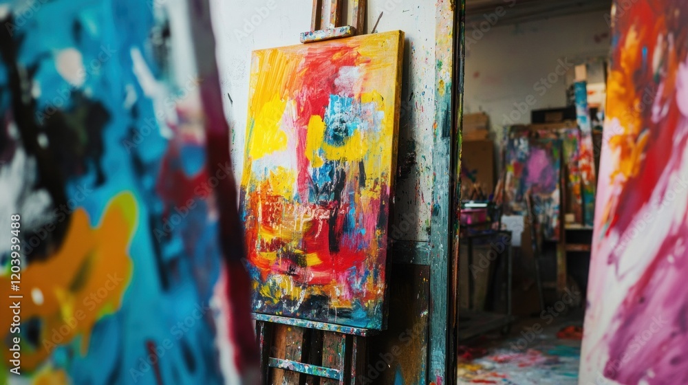 Poster abstract paintings on easels in a studio with multiple canvases and paint spatters