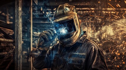 A welder in protective gear and helmet, holding a welding rod and standing in front of a metal structure with visible welds and sparks, Construction site scene