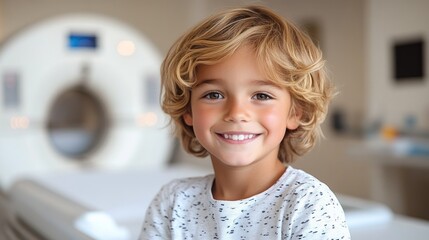 Happy child smiling in a hospital room, preparing for a medical scan with a CT machine in background