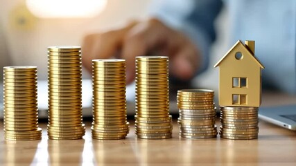 A person using a laptop with coins and a small house model, symbolizing investment and finance.