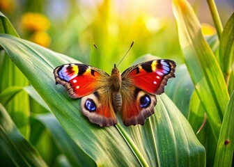 Obraz premium Peacock Butterfly on Green Leaf in Cornfield - Vibrant Nature Stock Photo