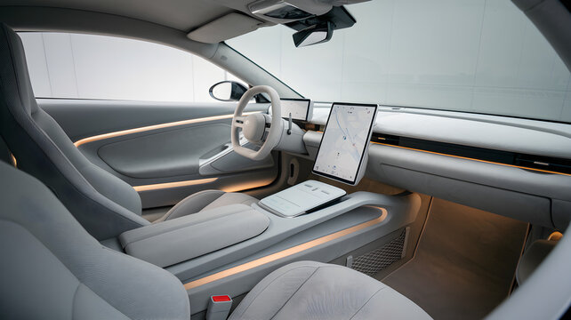 Minimalist Car Interior with Open Design and Gray Fabric Seats