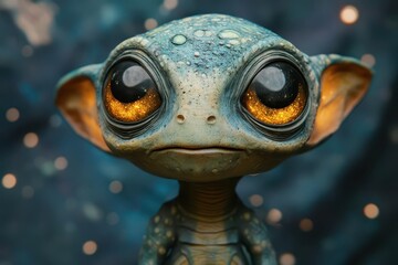 a small alien creature with large glowing eyes and a friendly smile stands against a starry sky conveying a sense of wonder and curiosity the whimsical scene invites exploration and imagination