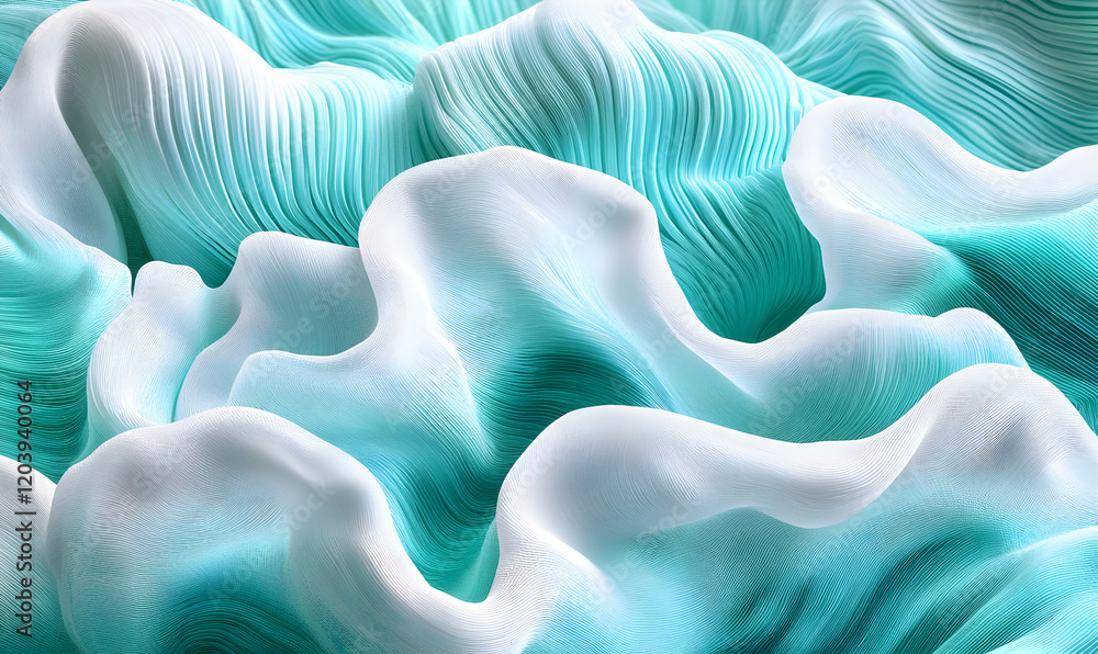 Poster Abstract image of flowing teal and white fabric, creating a wave-like pattern. Ideal for backgrounds, textures, or design inspiration.