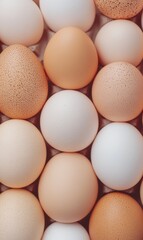 Assorted eggs arranged in a neat pattern showcasing various shades and textures in a light setting