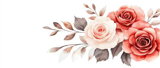 Watercolor illustration of soft and vibrant wild roses with delicate leaves, creating romantic and elegant floral arrangement on white background