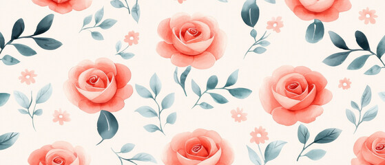 Soft watercolor roses and leaves in vibrant coral and green hues create seamless floral pattern on light background, evoking delicate and romantic atmosphere