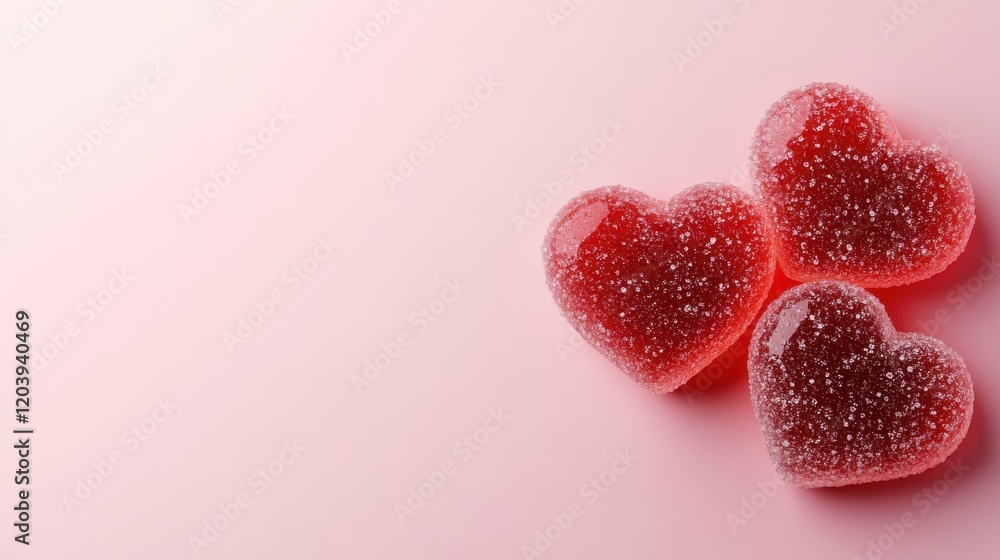 Wall mural Colorful red heart-shaped candies arranged on a soft pink background surrounded by scattered sugar crystals