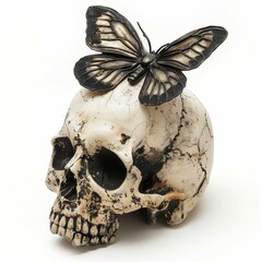 Fototapeta premium Black and gold butterfly resting on a weathered skull, representing the cycle of life and death
