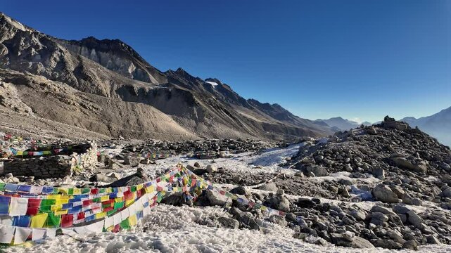 Larke Pass, Nepal: Panorama of Tibetan prayer flags flying in the wind at the Larke pass at 5106 on a cold early morning along the Manaslu circuit trek in the Himalaya in Nepal