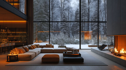 Aesthetic minimalist apartment interior with fireplace. Panoramic big windows. Modern design. Winter landscape with forest view.