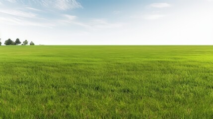 Fototapeta premium Lush Green Grass Field Under Clear Blue Sky Scenic Landscape for Nature Lovers and Outdoor Enthusiasts