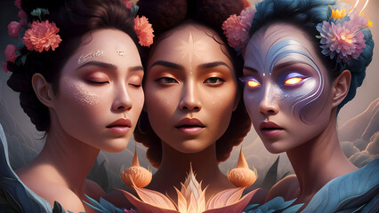Obraz premium Scene with life on a fantasy extraterrestrial planet and Scene from an other worldly Life on another planet with fictional elements