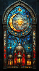 Fototapeta premium Intricate stained glass window with celestial motif and illuminated lanterns