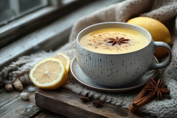 a soothing blend of warm ginger lemon and honey tea infused with spices like cinnamon and turmeric served on a rustic wooden table evoking comfort and wellness