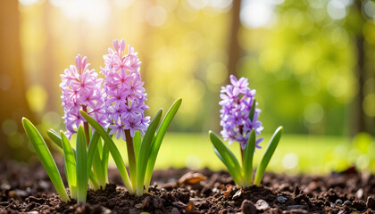 Obraz premium Vibrant hyacinths blooming in nurturing soil, springtime renewal