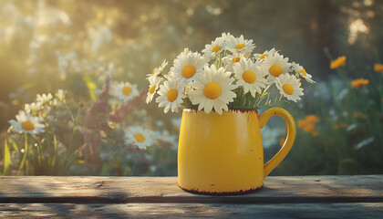 Spring - Chamomile Flowers In Teacup On Wooden Table In Garden