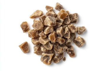 Obraz premium Muscovado sugar pile on white surface for culinary use, top view showcasing rich texture and color for food photography and gourmet cooking enthusiasts