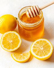 Honey and lemon infused jar kitchen counter food photography bright environment close-up healthy lifestyle