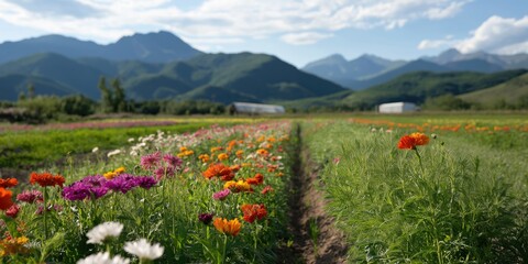 Field of wildflowers with mountains in the background under a sunny sky, showcasing natural beauty and serenity.