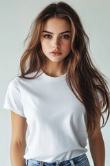 Fototapeta premium Women in plain white t-shirts showcasing casual style and natural beauty indoors