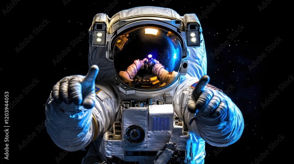 Poster astronaut in space reaching out with gloved hands and helmet reflection